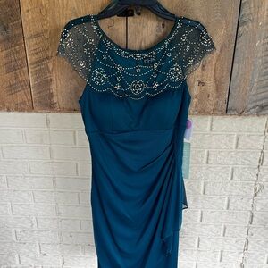 Blue Ruched Sequin Embellished Midi Dress